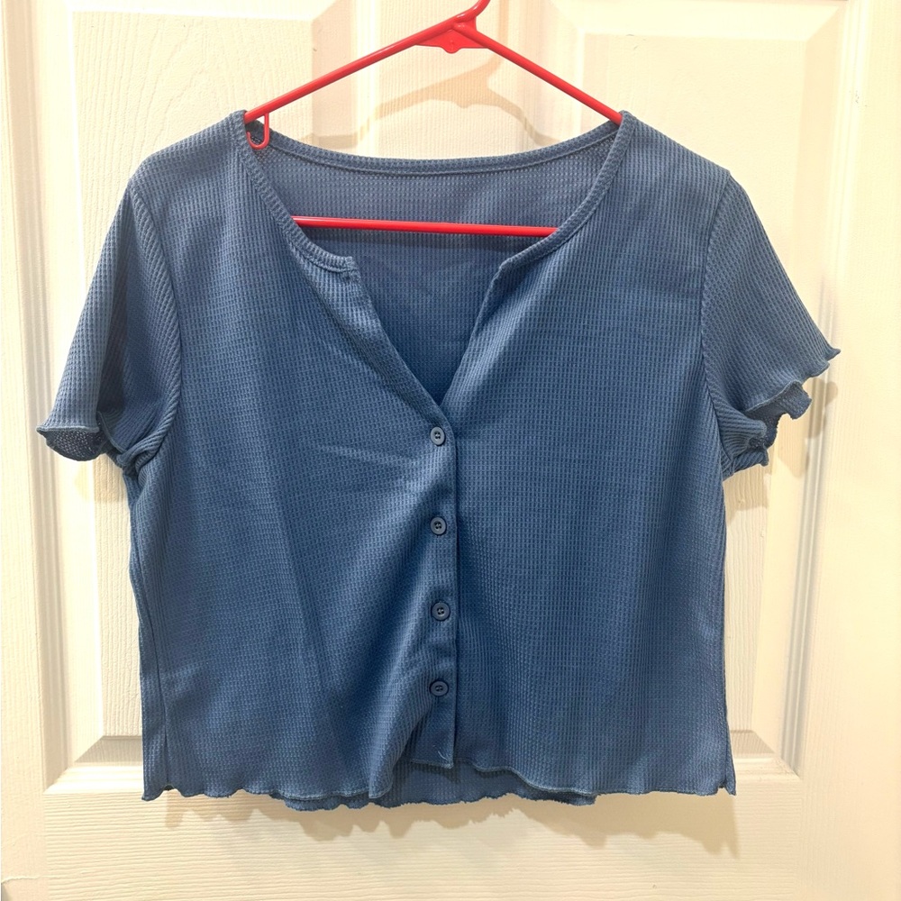 Blue Button-Up Women's Top and Bottom Sleepware